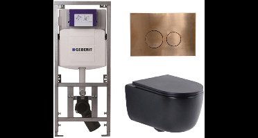 QeramiQ Dely Swirl Toiletset - 36.3x51.7cm - Geberit UP320 inbouwreservoir - met Burda frame - slim zitting - koperen bedieningsplaat - ronde knoppen - mat zwart