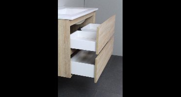 Basic Bella Badkamermeubelset - 100x55x46cm - 1 wasbak - Acryl - Wit - 2 kraangaten - Spiegelkast zonder verlichting - MDF Eiken