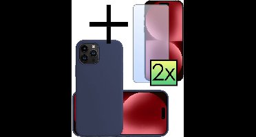 Hoesje - Met 2x Screenprotector - Geschikt voor Apple iPhone 15 Pro Max - Sterk & Shockproof - Back Cover - Siliconen Case - Telefoon Hoes - Donkerblauw