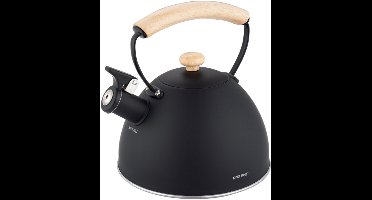 KINGHoff Fluitketel 2.5 Liter – RVS – Inductie Geschikt – Mat Zwart met Houten Handgreep – Minimalistisch Ontwerp – KH-1999