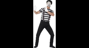 Mime Kostuum Heren Compleet - Zwart Verkleedkleding met Baret, Bretels en Make-up (Maat L)