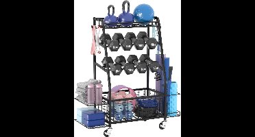 Staransun Dumbbellrekstandaard - Gewichtshouder voor dumbbells - Huishoudelijk sportskast met 4 flexibele wielen - Gewichtshouder voor huishoudelijk sportskast met zijopslag en haken