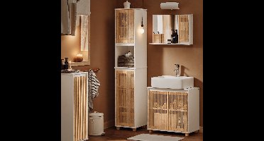 Badkamerkast – Kolomkast – Opbergkast – Hoge Kast – Badmeubel – 33x33x165 cm – MDF & Bamboe – Vochtbestendig & Anti-Kantelbeveiliging