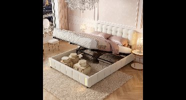 ADFBL Ottomaans Bed 140x200 cm Beige - Fluweel Bed met Opbergruimte & LED Bewegingssensor | Gecapitonneerd