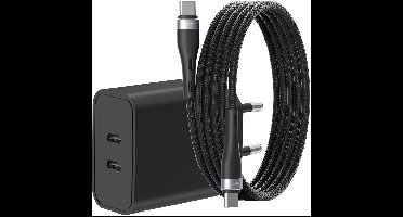 USB C Adapter 35W - USB C Oplader 2 poorten met 1M Kabel USB C naar USB C - Zwart