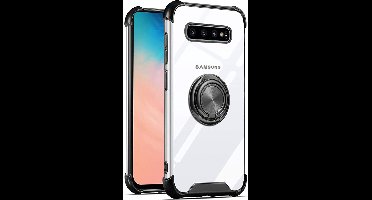 Hoesje Geschikt Voor Samsung Galaxy S10 hoesje silicone met ringhouder Back Cover Case - Transparant/Zwart