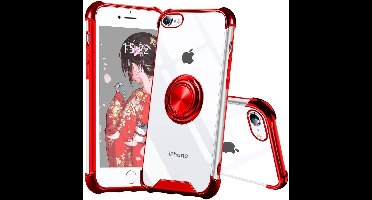 Hoesje Geschikt voor iPhone 8 Plus hoesje silicone met ringhouder Back Cover case - Transparant/Rood