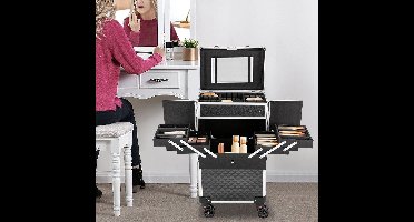 Make-Upkoffer – Make-Up Trolley – Make-Up Organizer – Cosmetica Koffer – Make-Up Case – Ruime Indeling Met Uitneembare Trays – Stevig ABS Materiaal Met Verstelbare Trolleystang