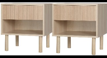 Nachtkastje – Bijzettafel – Sidetable – Bedtafeltje – Set van 2 – Natuurlijk Hout – Laden en Open Vakken – Compact 47x47x50 cm