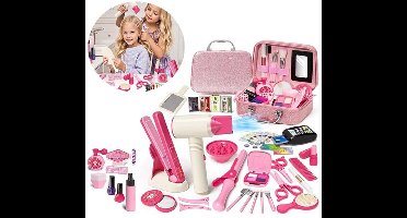 43 stuks meisjes kapspeelgoed - Schoonheidssalon speelset - Kinderen rolspel make-up set - Kapsalon stylist speelgoed - Met föhn, spiegel, schaar en stylaccessoires (Roze)