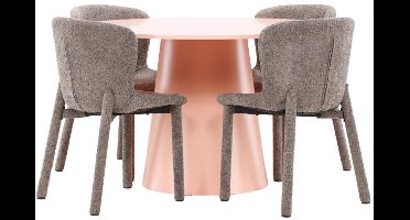 Lanzo eethoek tafel Ø120cm en 4 stoelen peach, bruin.