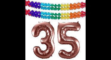 Folat Verjaardag Leeftijd folieballon - 35 jaar - rosé goud - 86 cm - cijferballon groot - incl 2x feestslingers