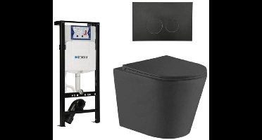 QeramiQ Dely Toiletset - 36.3x51.7cm - diepspoel - rimless - Inbouwreservoir met Geberit UP320 spoelmechanisme - softclose toiletzitting - mat zwarte bedieningsplaat - ronde knoppen - zwart mat