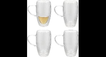 Gerimport Theeglazen Stripes - 4x - dubbelwandig - borosilicaatglas - 450 ml - H15 cm - koffieglas