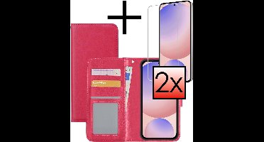 Hoesje - Met 2x Screenprotector - Geschikt voor Samsung Galaxy S24 FE - Luxe Pasjeshouder - Bookcase Portemonee - Flip Case - Kunstleer Book Case - Flipcase Hoes - Book Cover - Walletcase - Portemonneehoes - Donkerroze