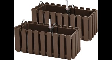 2x stuks fence-look plantenbak/bloembak - kunststof - 38 x 18 x 16 cm - bruin - hangend - voor binnen en buiten