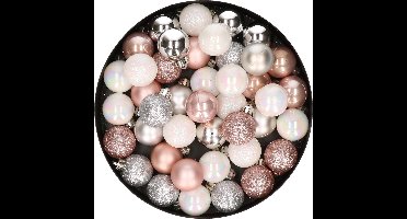 Decoris Mini kerstballen - 42x - lichtroze - parelmoer wit - zilver - D3 cm - kunststof - onbreekbaar - kerstversiering