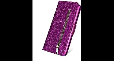 Hoesje geschikt voor Oppo A73 Glitter Bookcase met rits van LuxeBass - hoesje - portemonneehoesje - Paars - telefoonhoes - gsm hoes - telefoonhoesjes