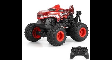 Afstandsbediening Auto - 2,4 GHz All Terrain Shark Monster Truck Speelgoed - RC Truck met Muziek - 3 Lichteffecten - Geschikt voor 360° Stunts - Speelgoedcadeaus voor Jongens en Meisjes (Rood)