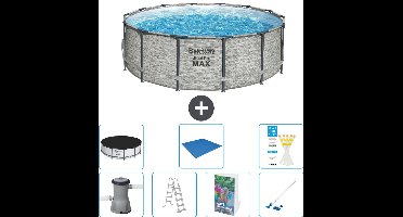 Bestway Rond Steel Pro MAX Zwembad - Steenprint - 427 x 122 cm - Inclusief Pomp - Ladder - Afdekzeil - Grondzeil - Stofzuiger - 8-delig