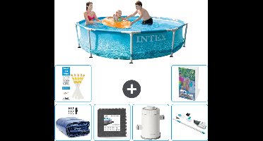 Intex Rond Frame Zwembad - 305 x 76 cm - Waterprint - Inclusief Solarzeil - Vloertegels - Zwembadfilterpomp - Stofzuiger - 7-delig