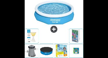 Bestway Rond Opblaasbaar Fast Set Zwembad - 305 x 66 cm - Blauw - Inclusief Pomp Afdekzeil - Onderhoudspakket - Speelgoed - 7-delig