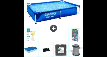 Bestway Rechthoekig Steel Pro Zwembad - 221 x 150 x 43 cm - Blauw - Inclusief Afdekzeil - Solar Mat - Vloertegels - Zwembadfilterpomp - 7-delig