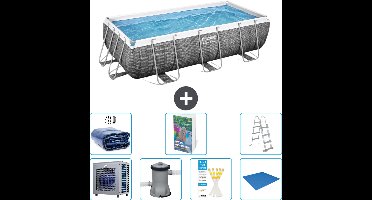 Bestway Rechthoekig Power Steel Zwembad - Rattanprint - 404 x 201 x 100 - Inclusief Pomp - Ladder Grondzeil - Solarzeil - Warmtepomp - 8-delig
