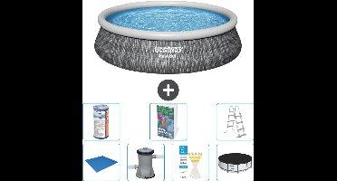 Bestway Rond Opblaasbaar Fast Set Zwembad - Rotanprint - 457 x 107 cm - Inclusief Pomp - Ladder Afdekzeil - Filter - Grondzeil - 8-delig