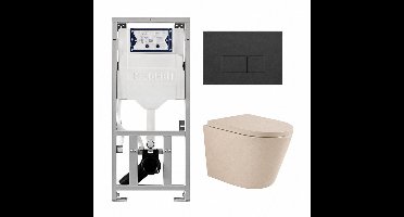 QeramiQ Dely Swirl Toiletset - 36.3x51.7cm - Geberit UP320 inbouwreservoir - met Burda frame - 35 mm zitting - bedieningsplaat antraciet mat - rechthoekige knoppen - beige