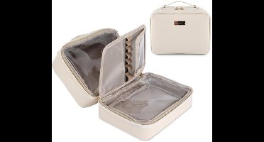 Make-Uptas - Grote Capaciteit - Pu-Leer - Waterdicht - Met Handvat En Scheidingswand - Platte Lay - Draagbare Reistas Voor Cosmetica - Make-Up Organizer (Wit)