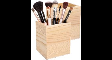 Excellent Houseware Make up organizer bakje - 2x - hout - 8 x 8 x 10 cm - vierkant - sorteerbakje - kwasten
