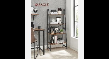 Hoppa! - Boekenkast - Ladderplank - Staande plank met 4 lagen - Rustiek Bruin + Zwart - 63 x 34 x 137 cm (L x D x H)