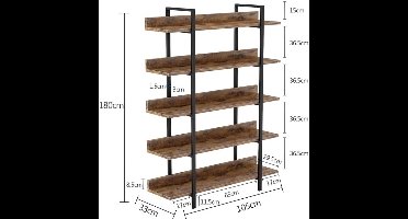 Boekenkast - Kast - Ladderkast - Wandkast - Industriële 5-Laags - met IJzeren Frame – Stabiele Opbergplank voor Boeken & Decor – Bruin