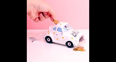 Out of the Blue - Spaarpot voor volwassenen - Just Married - keramiek - trouwauto - wit - 16 x 8 cm