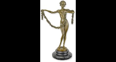 Naakte vrouw met bloemenslinger - Bronzen beeld - sculptuur - 35,6 cm hoog