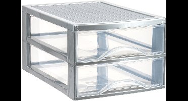 Plasticforte Ladekastje bureau organizer - 2 lades - zilver/transparant - L26 x B35 x H19 cm - kunststof