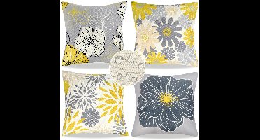 Boraboi ® Waterdichte Decoratieve Kussenhoezen met Bloemenpatroon voor Binnen en Buiten, Set van 4, 45 x 45 cm, Grijs en Geel