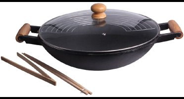 Cast Iron Wokpan set - 5-delig - gietijzer/hout - zwart - 47 x 39 cm