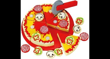 Bino Speelgoedpizza Cut And Play 20,5 Cm Hout Rood 31-delig pizza