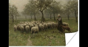 Herderin met kudde schapen - Schilderij van Anton Mauve Poster 30x20 cm - klein - Foto print op Poster (wanddecoratie woonkamer / slaapkamer)