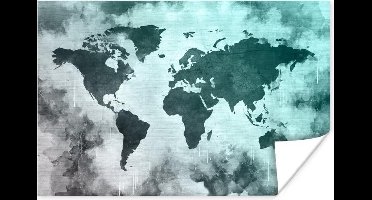 Poster Wereldkaart - Grijs - Blauw - 30x20 cm