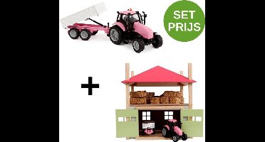 Kids Globe SET KIDS GLOBE HOOIBERG HOUT MET BERGING + TRACTOR MET AANHANGER 1:32 roze
