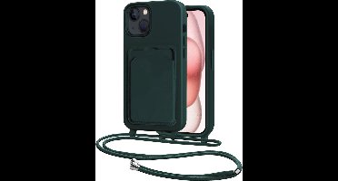 Hoes Geschikt voor iPhone 15 Hoesje Pasjeshouder Cover Met Koord Case Siliconen Hoes Met Telefoonkoord en Kaarthouder - Donkergroen