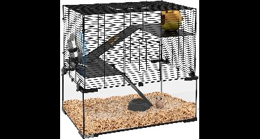 Hamsterkooi – Knaagdierenkooi – Hamsterhok – Dwerghamster Kooi – Hamsterhuis – 3-laags Ontwerp – Glazen Bodem - 60 x 40 x 54,5 cm - Zwart