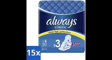 15 x Always Classic - Maandverband - Maat 3 - Night - Clean Feel Protection - 8 Pads - Maandverband Nacht - Nachtbescherming - Clean Feel Protection - Nachtbescherming Vrouw - Maandverband Vrouw