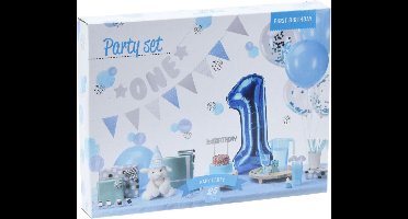 Feestversiering 1e verjaardag jongen blauw - decoratie set 9-delig karton.