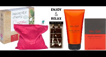 Van Gils Cadeauset Warme Kerst Chocolade & Warmtekussen Basic Instinct - Van Gils Shower Gel Basic Instinct 150ml - Van Gils EDT Basic Instinct 40ml - Kersepittje Warmtekussen Classic 27x27cm