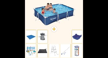 Bestway Rechthoekig Steel Pro Zwembad - 300 x 201 x 66 cm - Blauw - Inclusief Onderhoudspakket - Solar Mat - Ladder - Schoonmaakset - Grondzeil - Filter - Voetenbad - Zwembadfilterpomp - 9-delig