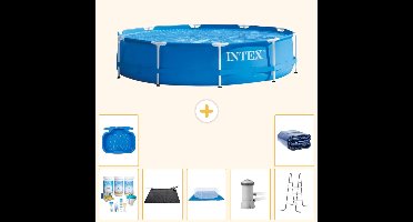 Intex Rond Frame Zwembad - 366 x 76 cm - Blauw - Inclusief Onderhoudspakket - Solar Mat - Grondzeil - Zwembadfilterpomp - Voetenbad - Ladder - Solarzeil - 8-delig